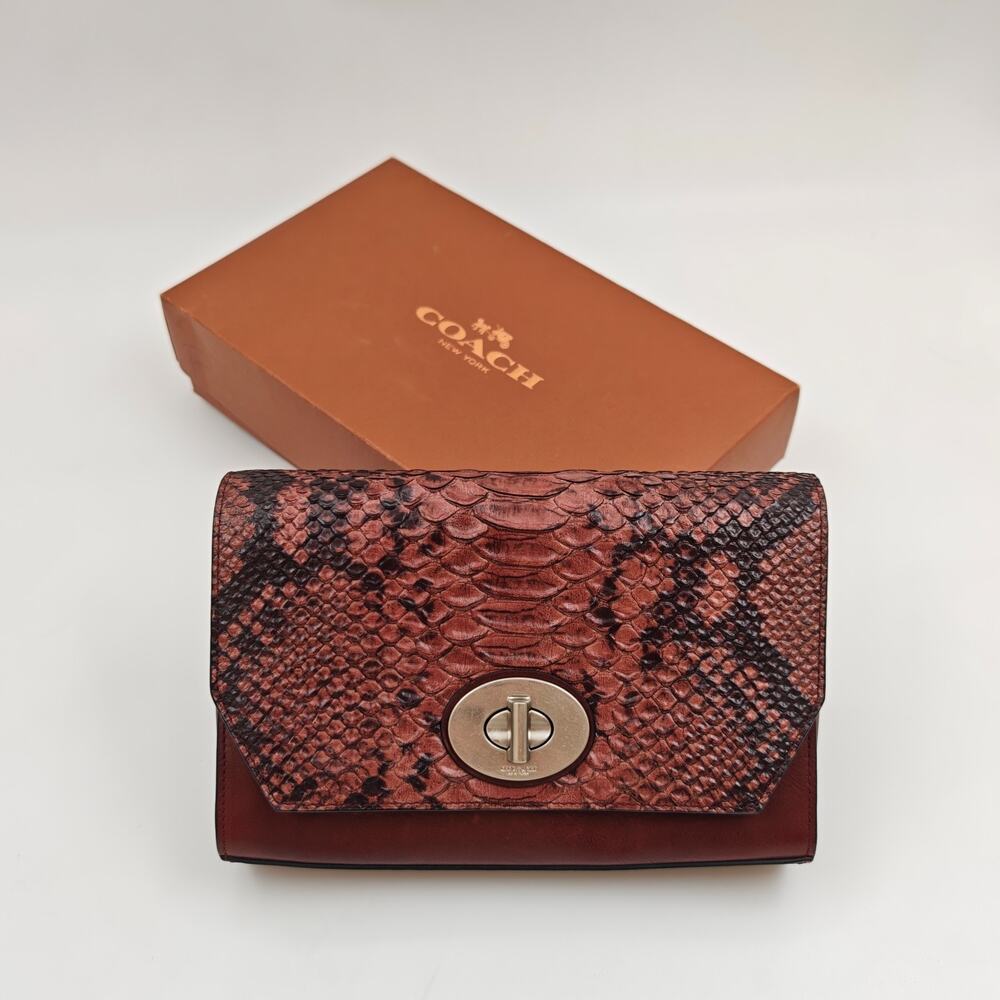 Coach Crosstown Python Embossed Leather Turnlock Crossbody Bag Brown Snake Print - Picture 2 of 10
